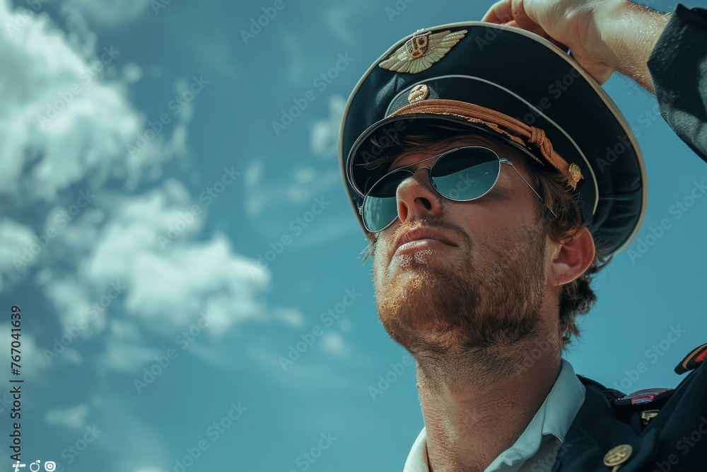 Confident pilot in uniform gazing into the sky with sunglasses and cap Confident pilot in uniform gazing into the sky with sunglasses and cap