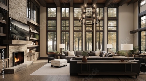 Wallpaper Mural Dramatic two-story great room with black window grids warm wood beams and stone fireplace. Torontodigital.ca