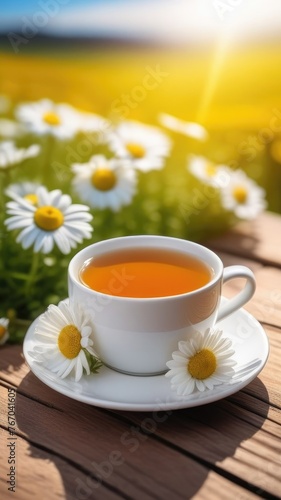 White cup with chamomile tea on a wooden table. There are chamomile flowers nearby. Copy space, place for text, empty space.