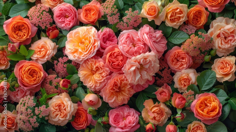Close-up of a bouquet of flowers with pink, orange, and yellow petals and green leaves Close-up of a bouquet of flowers with pink, orange, and yellow petals and green leaves