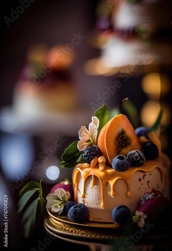 Large wedding cake decorated with a beautiful fruit decor. Generative Ai photo