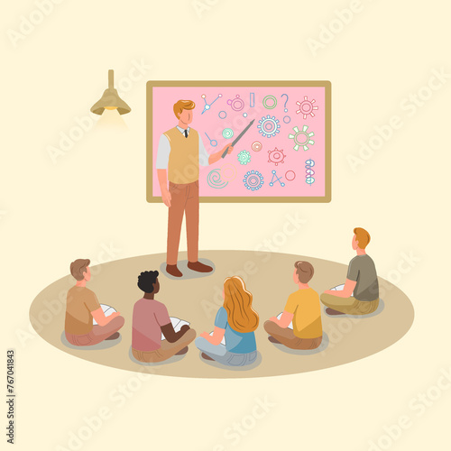 Vector teacher teaches students