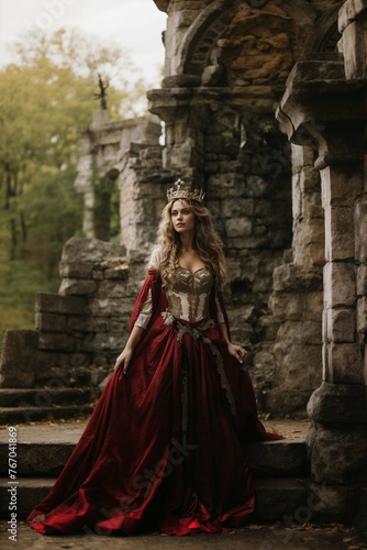 Elegant queen posing by gothic ruins