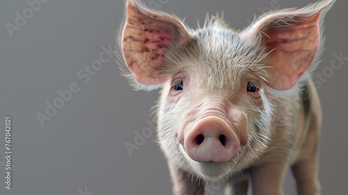 A cute and adorable baby white piglet looking at the camera with a curious expression on its face. It has soft, curly hair and a pink nose. photo