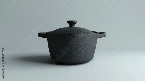 Black cast iron cooking pot with a lid isolated on a white background. The pot has two small handles and a round knob on the lid. photo