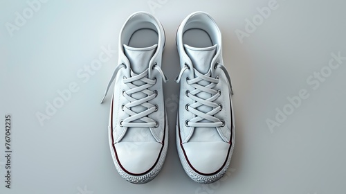 A pair of white sneakers with red and white shoelaces. The sneakers are made of canvas and have a rubber sole.