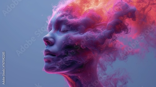  A woman's head with pink and purple smoke emerging from her hair against a blue backdrop