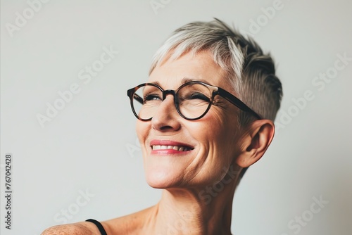 Portrait of happy senior woman with eyeglasses against grey background