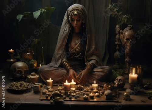 Wallpaper Mural Mystic ritual with candles and skulls, esoteric ceremony in dim light Torontodigital.ca