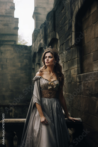 Enigmatic queen in grey medieval gown © grape_vein