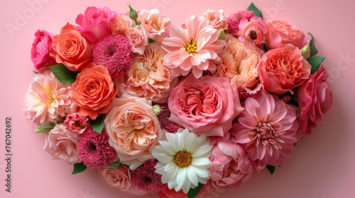  A heart-shaped arrangement of pink and peach flowers on a pink background with green leaves and flowers in the center