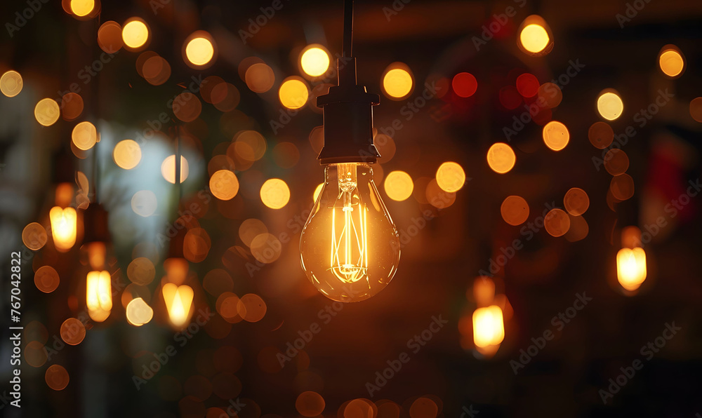 Warm Glowing Light Bulbs Suspended Against a Dark Background Warm Glowing Light Bulbs Suspended Against a Dark Background