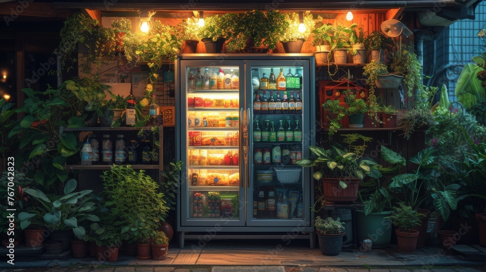   A well-stocked refrigerator containing various food and drink items adjacent to potted plants