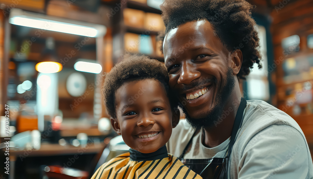 A man and a child are sitting in a barbershop - obrazy, fototapety, plakaty 