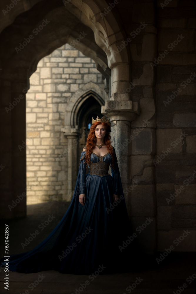Mysterious redhead queen in blue gown