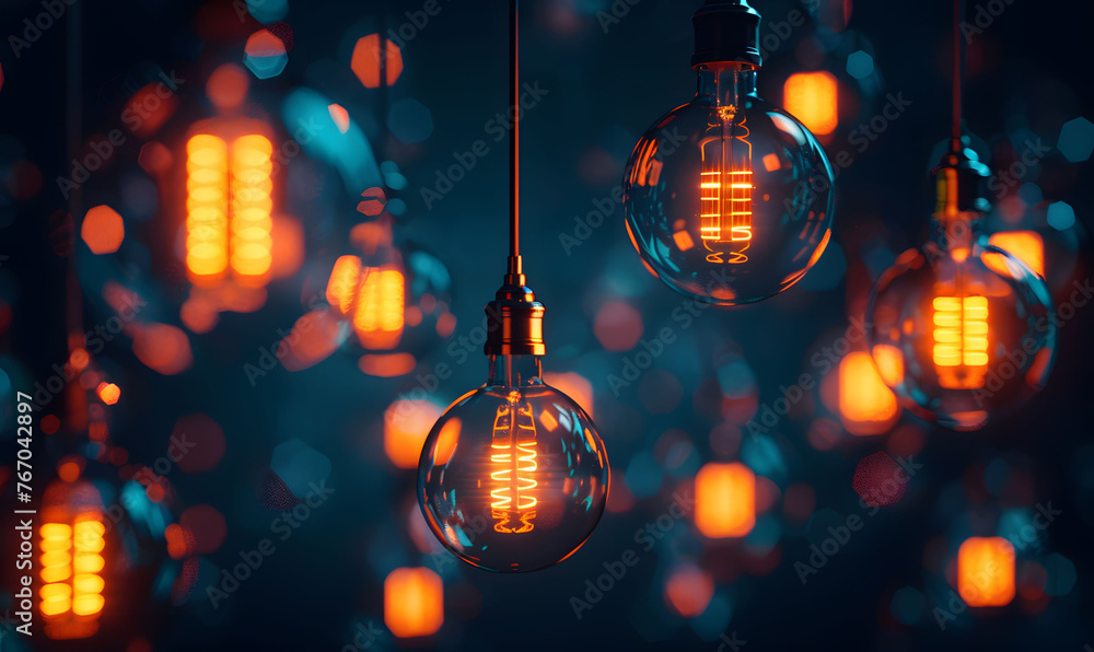 Obraz premium Warm Glowing Light Bulbs Suspended Against a Dark Background