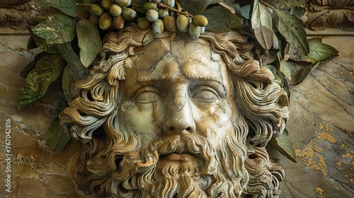 Visualize the divine garland of olive shoots atop Greek god in a symbol of peace and victory