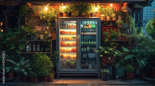  A well-stocked refrigerator containing various food and drink items adjacent to potted plants