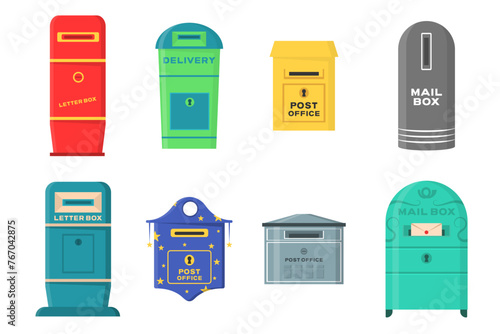 Set of isolated retro mailbox or vintage post box. Letter boxes for communication, traditional english mailing service. Europe correspondence service for postage. Old email symbol for contact address