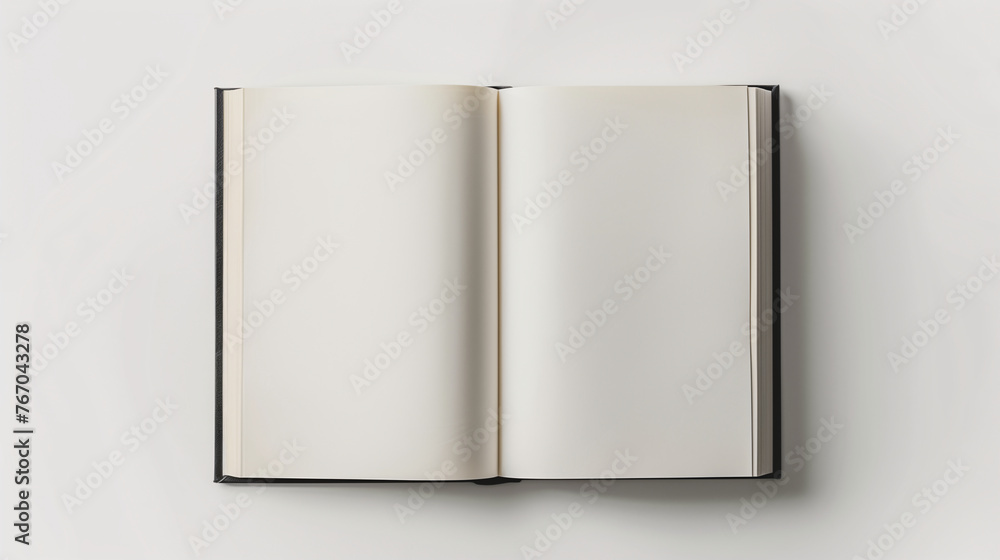 Mock-up of blank pages of an open notebook with copy-space for text on a plain white background. Black book cover in modern style with green read paper. Mock-up of blank pages of an open notebook with copy-space for text on a plain white background. Black book cover in modern style with green read paper.