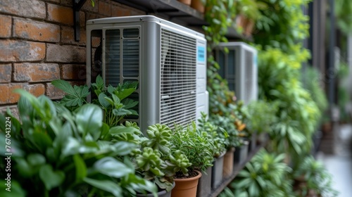   Two AC units resting atop a brick wall with various potted plants nearby © Viktor
