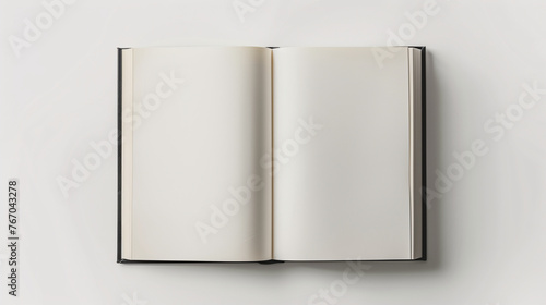 Mock-up of blank pages of an open notebook with copy-space for text on a plain white background. Black book cover in modern style with green read paper.