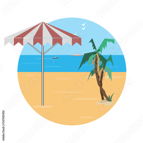 summer composition in the form of a logo with palm trees, sea and beach with space for text