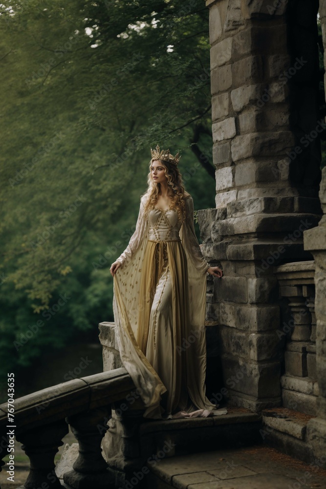 Regal queen standing by castle's riverside