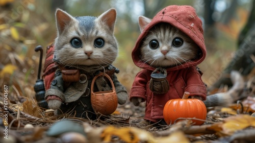  A pair of cats perched atop a heap of leaves near a tiny pumpkin