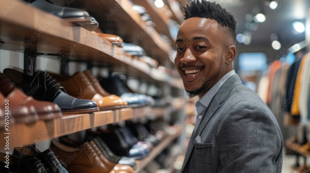 Customer is choosing shoes in the footwear store Customer is choosing shoes in the footwear store