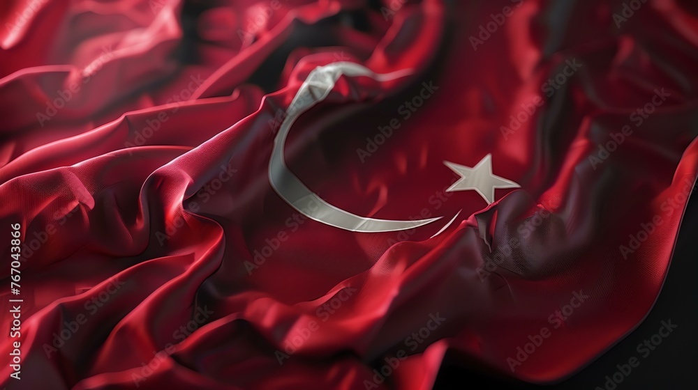 A closeup of the Turkish flag. The flag is red with a white crescent moon and star. The flag is waving in the wind. - obrazy, fototapety, plakaty 