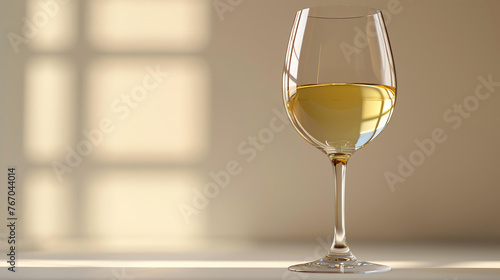 Elegant wine glass on a beige background. The glass is half-full of white wine and is sitting on a table.