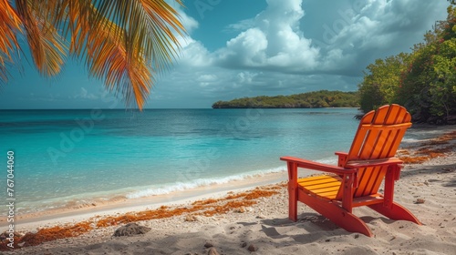   Red chair on beach beside blue water and palm tree in front