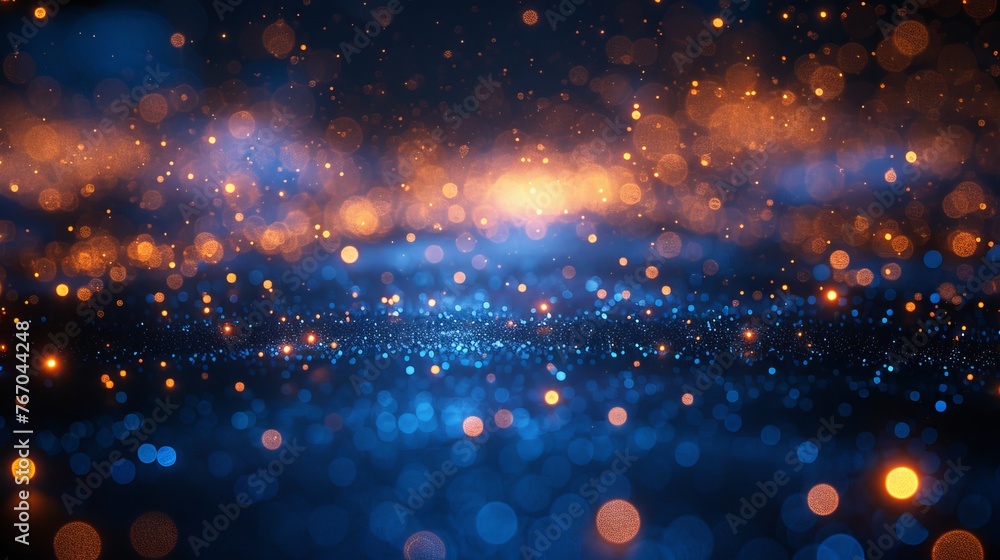 Close-up view of illuminated fiber optic strands against a black and blue blurred backdrop. - obrazy, fototapety, plakaty 