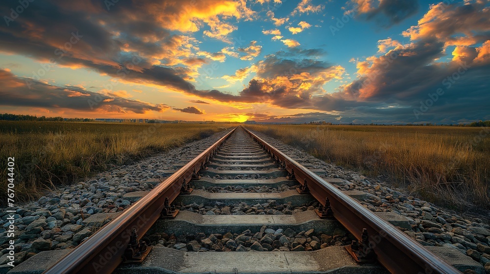 Sunset Railroad Journey - Infinite Tracks Leading to Horizon Sunset Railroad Journey - Infinite Tracks Leading to Horizon