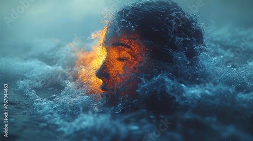   Close-up photo of a person in a water body with a fire burning in the center
