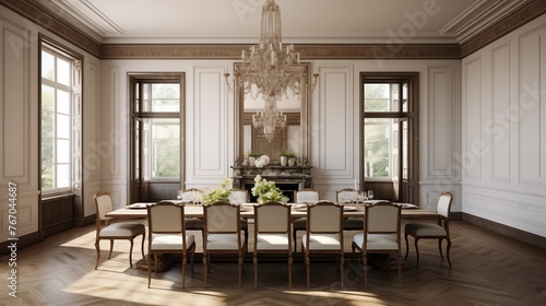 Elegant formal dining room with ornate plaster ceiling picture frame moldings and long wood farm table.