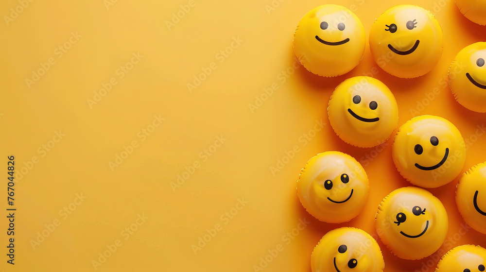 Fototapeta premium World emoji day with a funny emojis. World emoji day 3d banner background. Emoji Celebration 3D Banner Background. World smile day emojis. Mental health assessment, world mental health day concept. 
