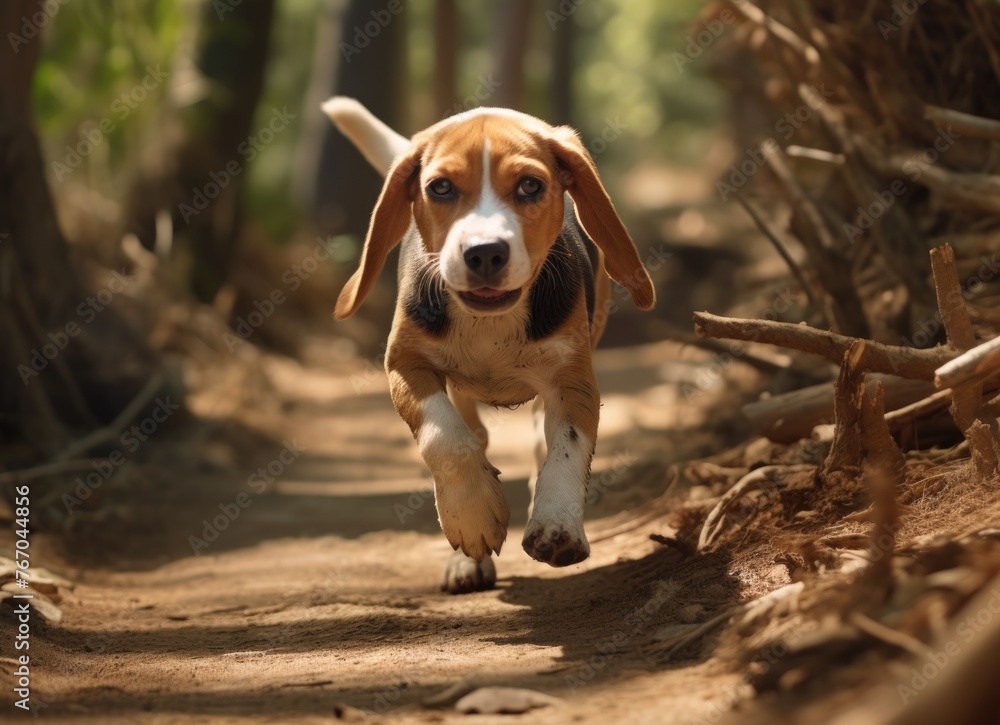 Joyful beagle leaping in sunlit woods Joyful beagle leaping in sunlit woods