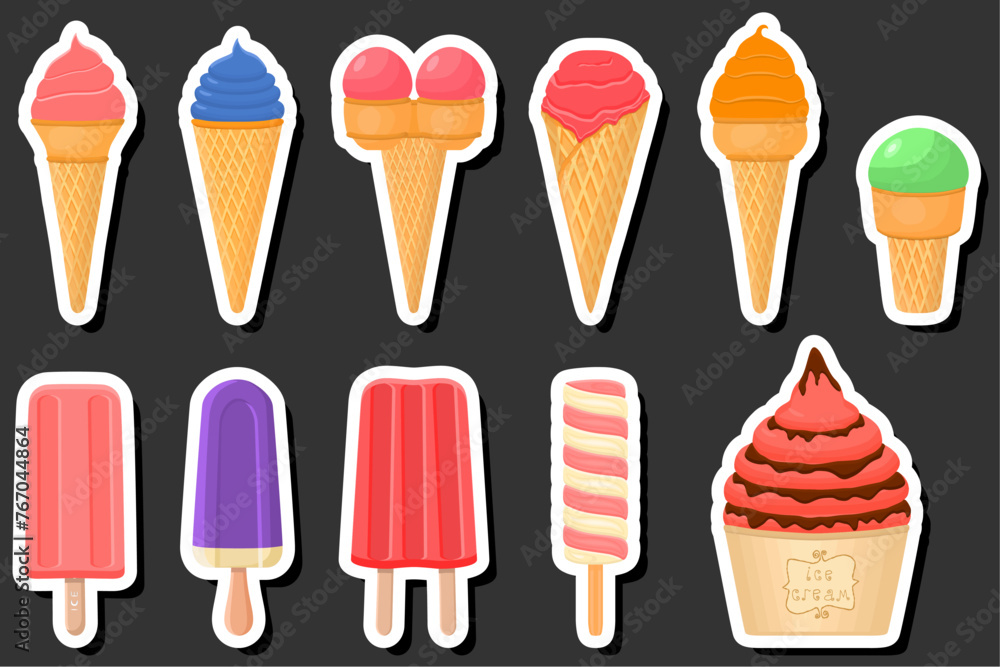 Illustration on theme big kit ice cream popsicle different types in cone waffle cup Illustration on theme big kit ice cream popsicle different types in cone waffle cup