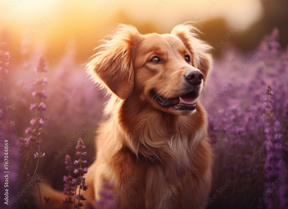 Golden retriever in lavender field at sunset Golden retriever in lavender field at sunset