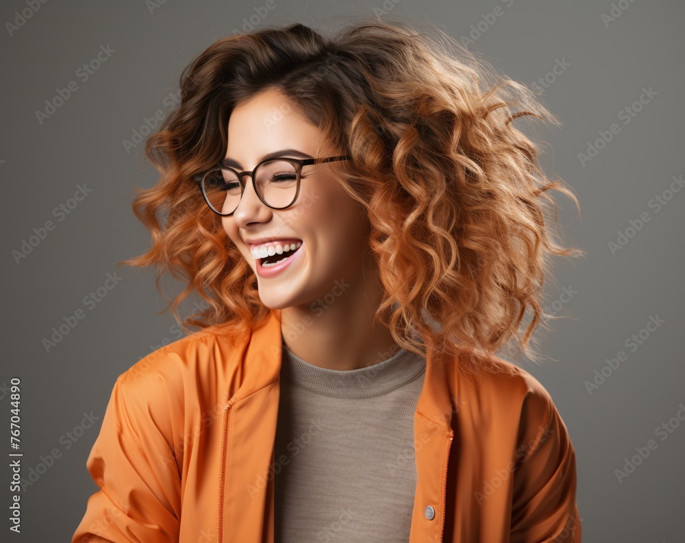 a woman with curly hair wearing glasses laughing