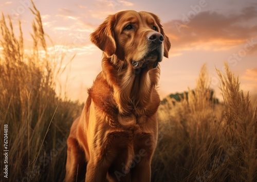 Reflective Vizsla dog in golden wheat field