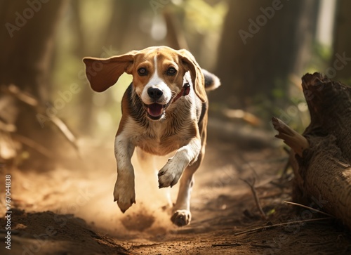 Joyful beagle leaping in sunlit woods