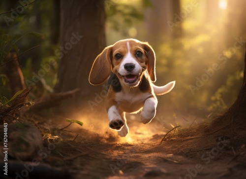 Joyful Beagle Leaping in Sunlit Woods © Marharyta
