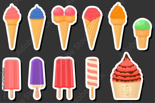 Illustration on theme big kit ice cream popsicle different types in cone waffle cup