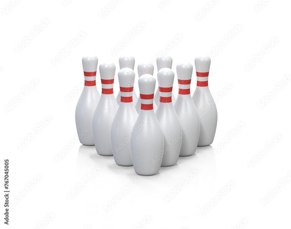 Group of bowling pins. Skittles with red stripes. Bowling pins in pyramid formation isolated Group of bowling pins. Skittles with red stripes. Bowling pins in pyramid formation isolated