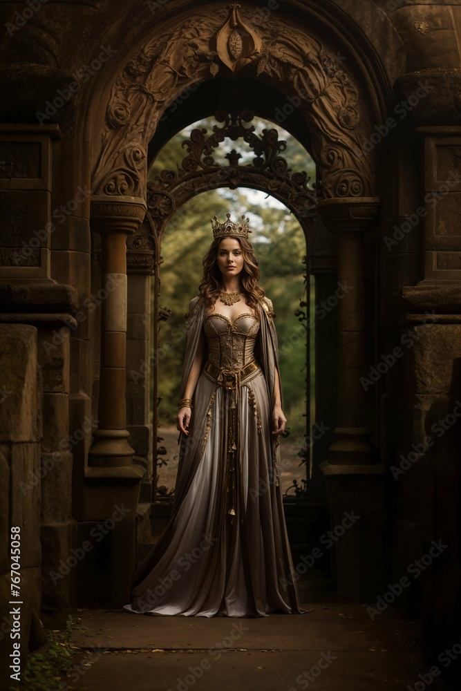 Queen in vintage gown standing in archway