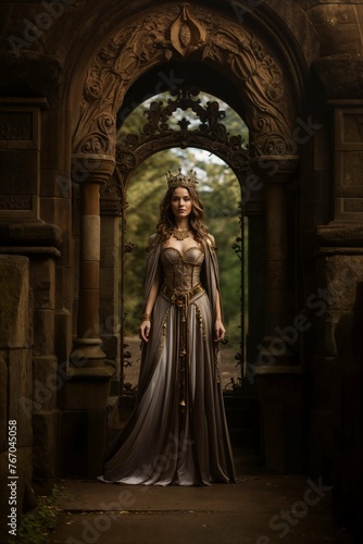 Queen in vintage gown standing in archway