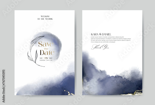 Blue and navy indigo floral and gold watercolor wedding invitation vector set. Luxury background and template layout design for invite card